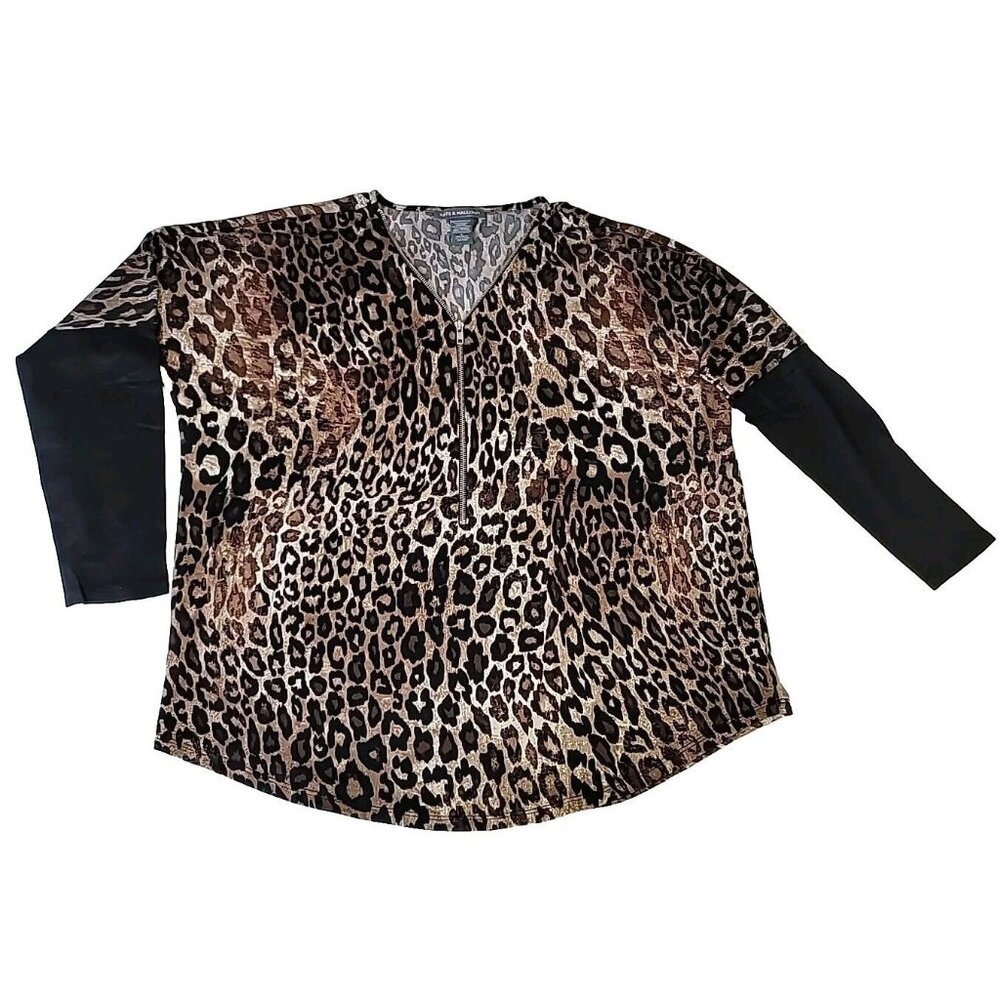 Kate & Mallory Animal Print Top Sz L Brown Black Dolman Long Sleeve Pullover Zip